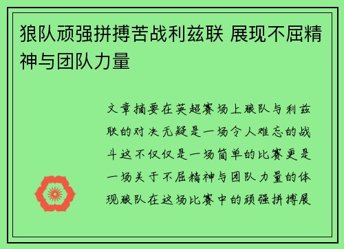 狼队顽强拼搏苦战利兹联 展现不屈精神与团队力量