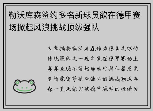 勒沃库森签约多名新球员欲在德甲赛场掀起风浪挑战顶级强队