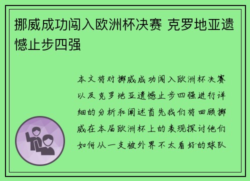 挪威成功闯入欧洲杯决赛 克罗地亚遗憾止步四强