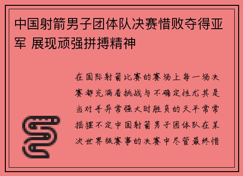 中国射箭男子团体队决赛惜败夺得亚军 展现顽强拼搏精神