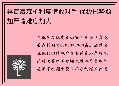 桑德豪森柏利察惜败对手 保级形势愈加严峻难度加大