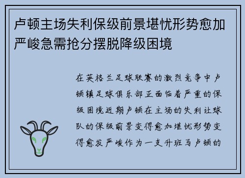 卢顿主场失利保级前景堪忧形势愈加严峻急需抢分摆脱降级困境