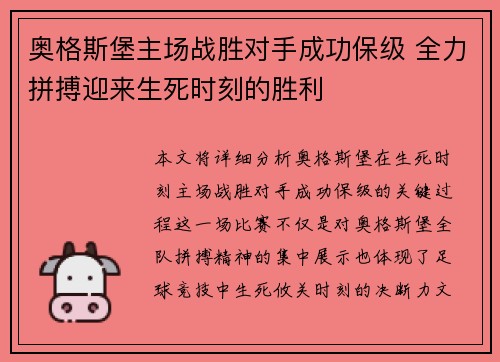 奥格斯堡主场战胜对手成功保级 全力拼搏迎来生死时刻的胜利