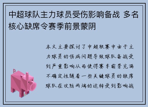 中超球队主力球员受伤影响备战 多名核心缺席令赛季前景蒙阴