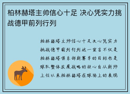 柏林赫塔主帅信心十足 决心凭实力挑战德甲前列行列