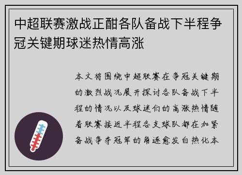 中超联赛激战正酣各队备战下半程争冠关键期球迷热情高涨